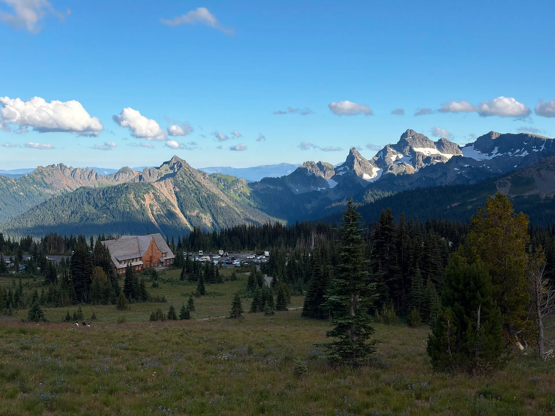 View of the parking lot and visitor center from the start of the hike