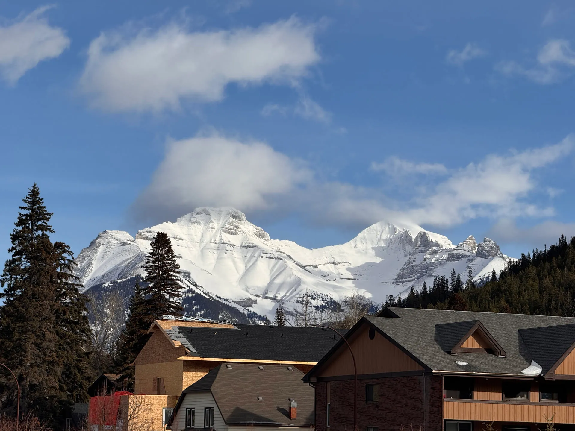 Views of the mountains from a gas station