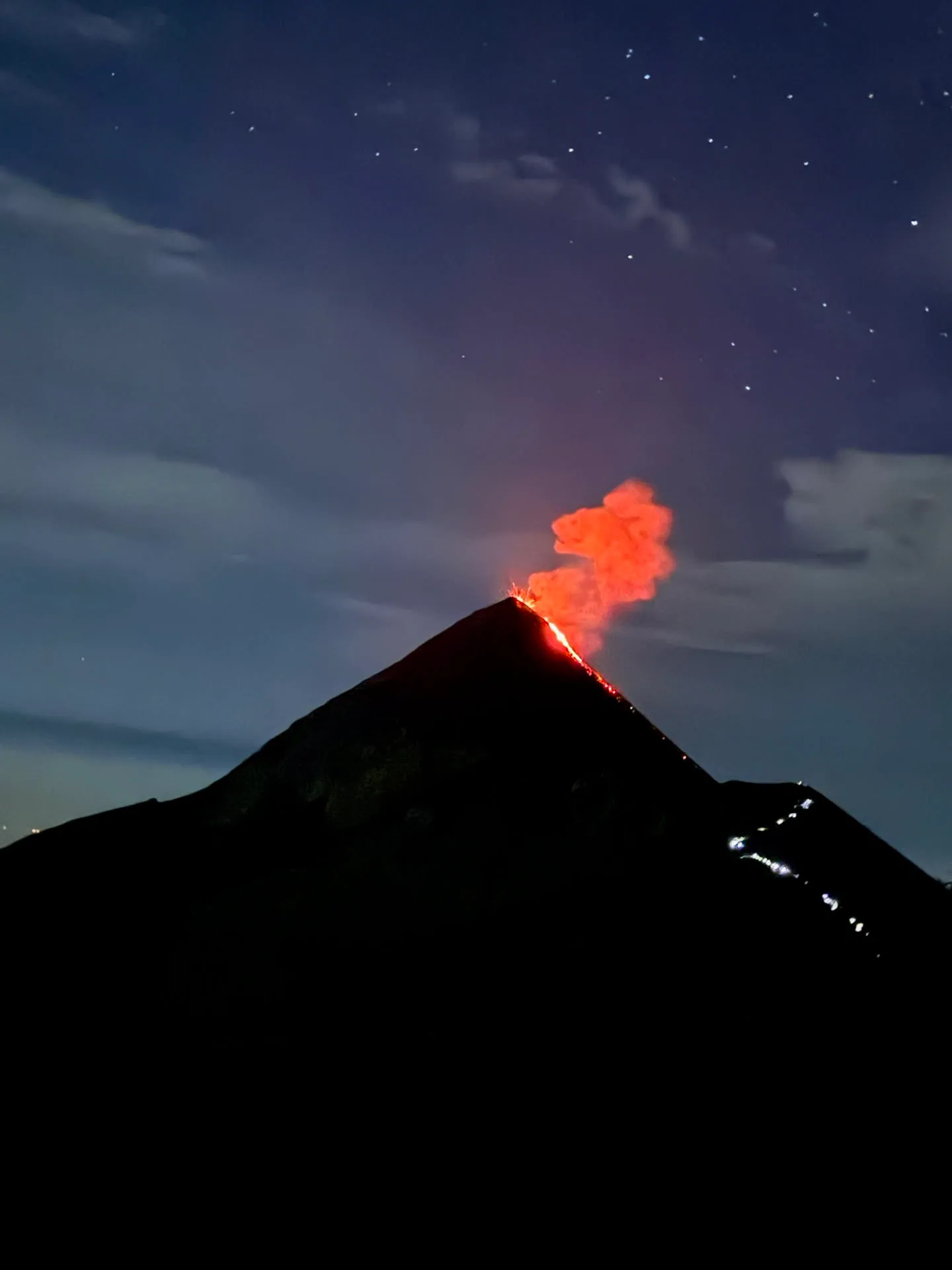View of Fuego's eruptions back at basecamp! The white lights are from people's headlamps :)